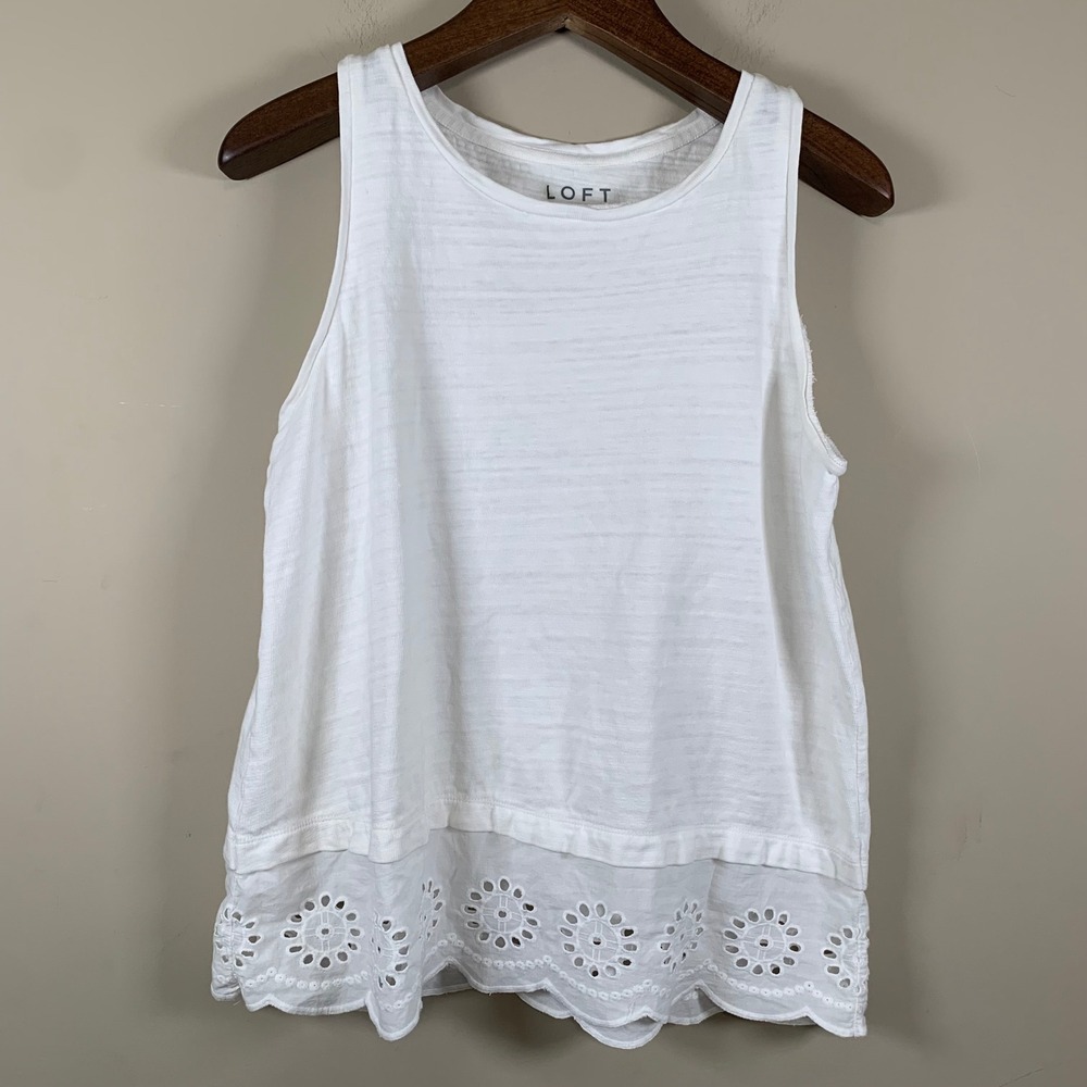 Loft White 100% Cotton Tank Eyelet Hem Size Large Cottagecore